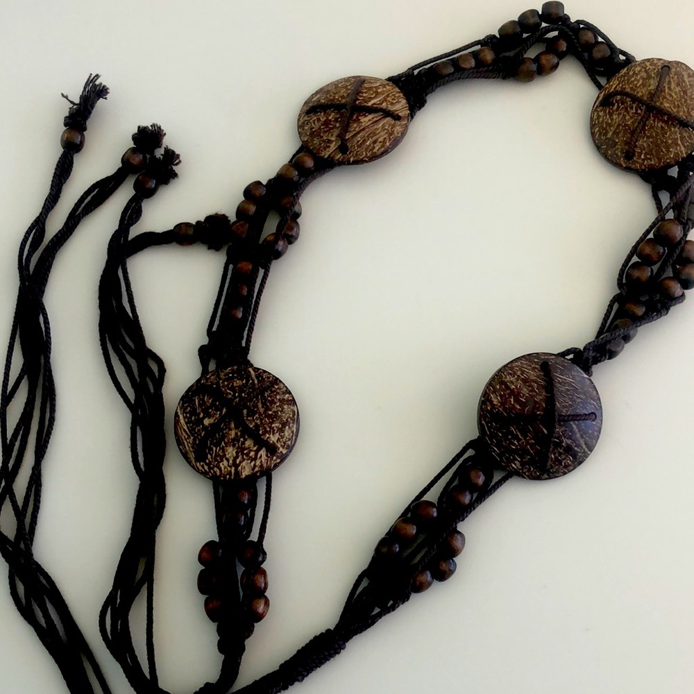 Woven Macrame String Beaded Tie Belt Fringe Festival Boho Hippie Brown Vintage